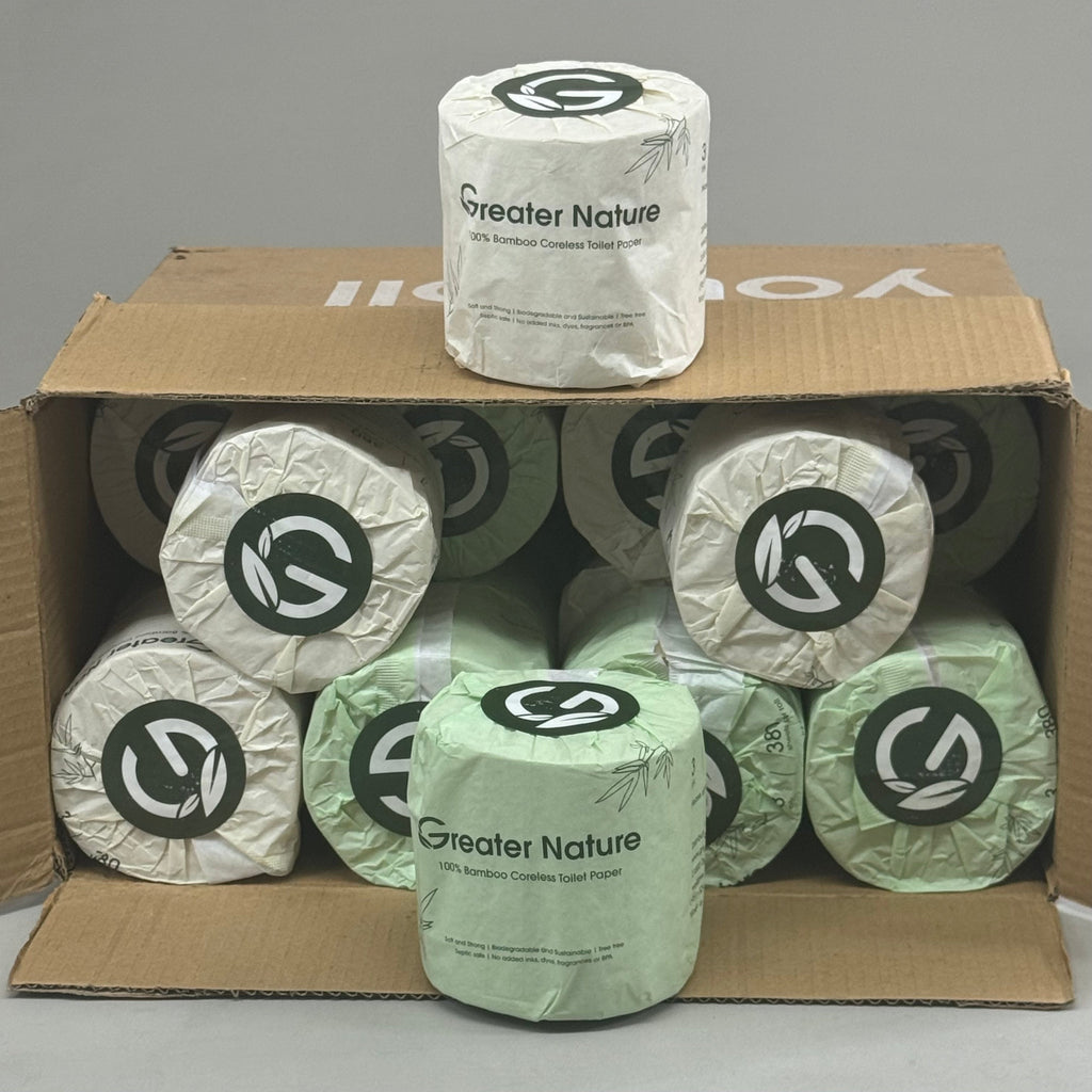 GREAT NATURE (24 Pack) 100% Bamboo Core-less Toilet Paper 3Ply, 380 Sheets Per Roll Green/White